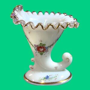 Fenton Cornucopia Milk Glass Gold Crested Bud Vase Hand Painted Floral Design